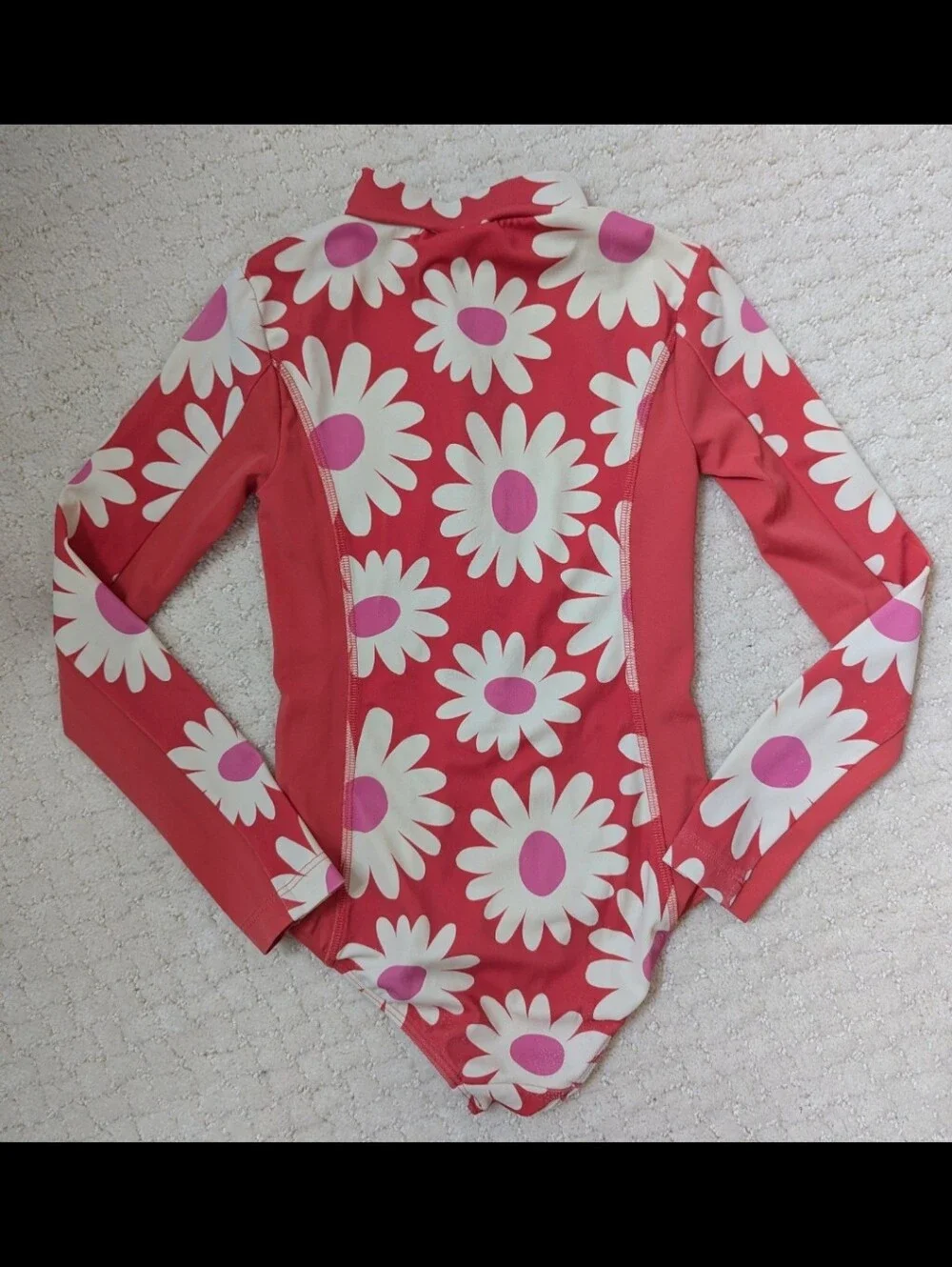 Mini Boden Kids Long Sleeve Rash Guard One-Piece Swimsuit - Coral Pink Daisy